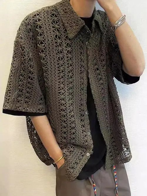 Japanese Brand Retro fashion hollow out crochet button up shirt Size US L / EU 52-54 / 3 - 1 Thumbnail