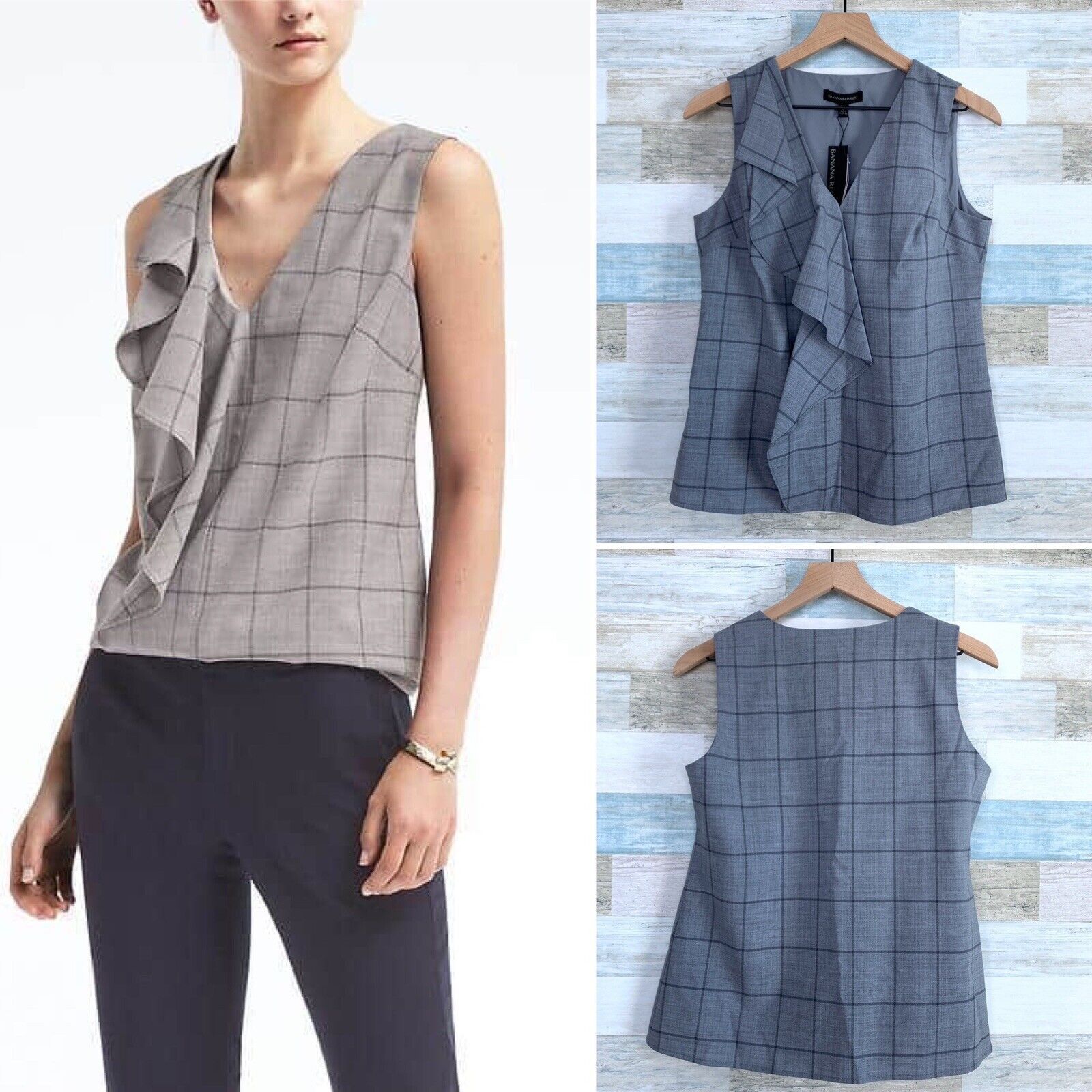 Banana Republic Banana Republic Wool Cascade Ruffle Top Gray Windowpane SP Size S / US 4 / IT 40 - 1 Thumbnail