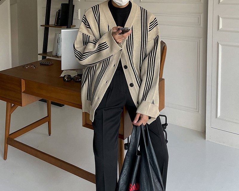 image of Beige Stripe Knit Cardigan Sweater, Men's (Size Medium)