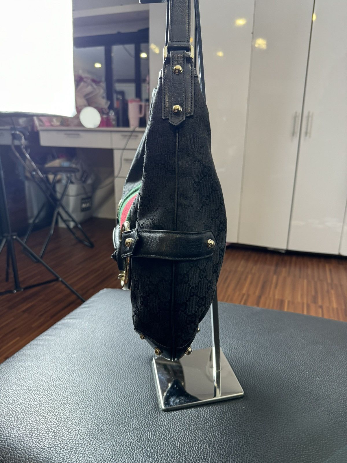 Gucci Gucci Black GG Canvas and Leather Horsebit Web Hobo Size ONE SIZE - 9 Thumbnail