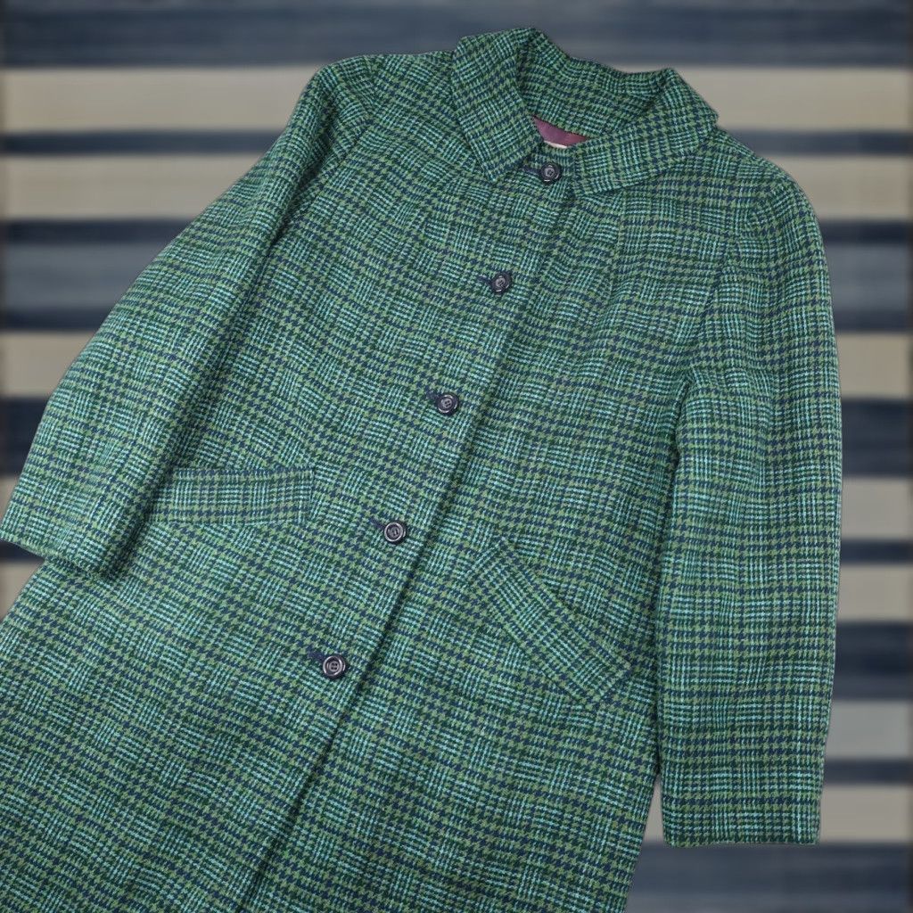 Pendleton VINTAGE Pendleton Overcoat Wool Houndstooth Satin Lined Green Womens Large 21"x44" Size L / US 10 / IT 46 - 1 Thumbnail