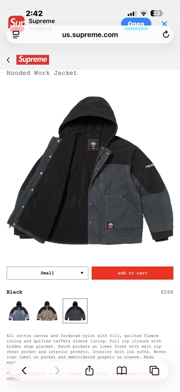 Supreme Supreme®/Dickies® Cordura® Hooded Work Jacket Size US M / EU 48-50 / 2 - 2 Thumbnail