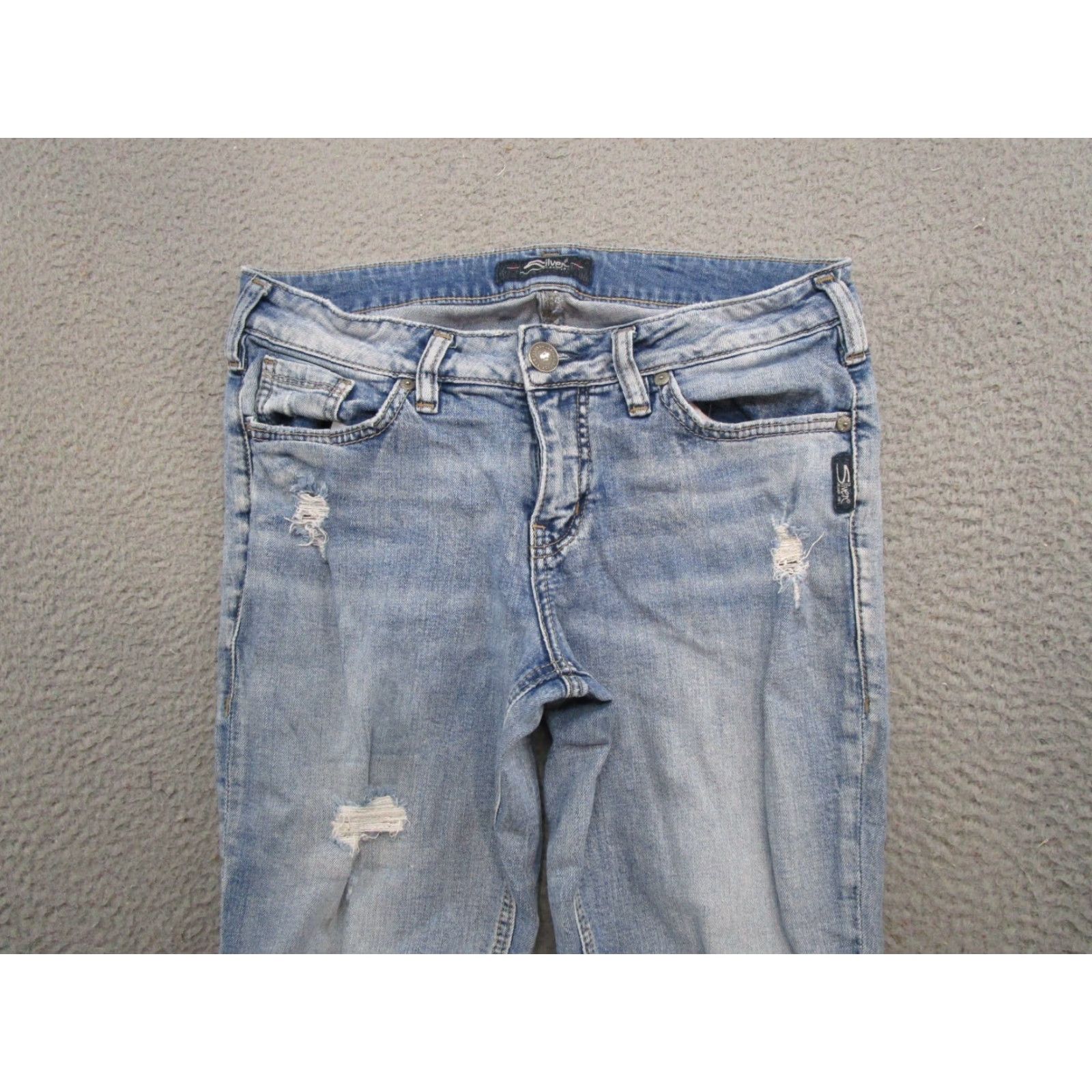 Silver Jeans Co. Silver Jeans Suki Slim Ankle Jeans - 28x27 Distressed Blue Denim, 5-Pocket, Stretch, Zip, Regular, Women, Vintage? No Size 28" / US 6 / IT 42 - 3 Thumbnail