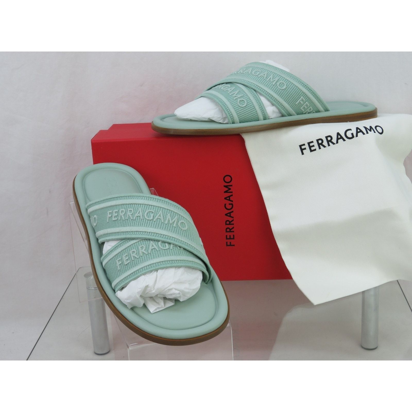 Salvatore Ferragamo FERRAGAMO LAURENE LIGHT GREEN LOGO FLATS SANDALS SLIDES 9 C Size US 9 / IT 39 - 1 Thumbnail