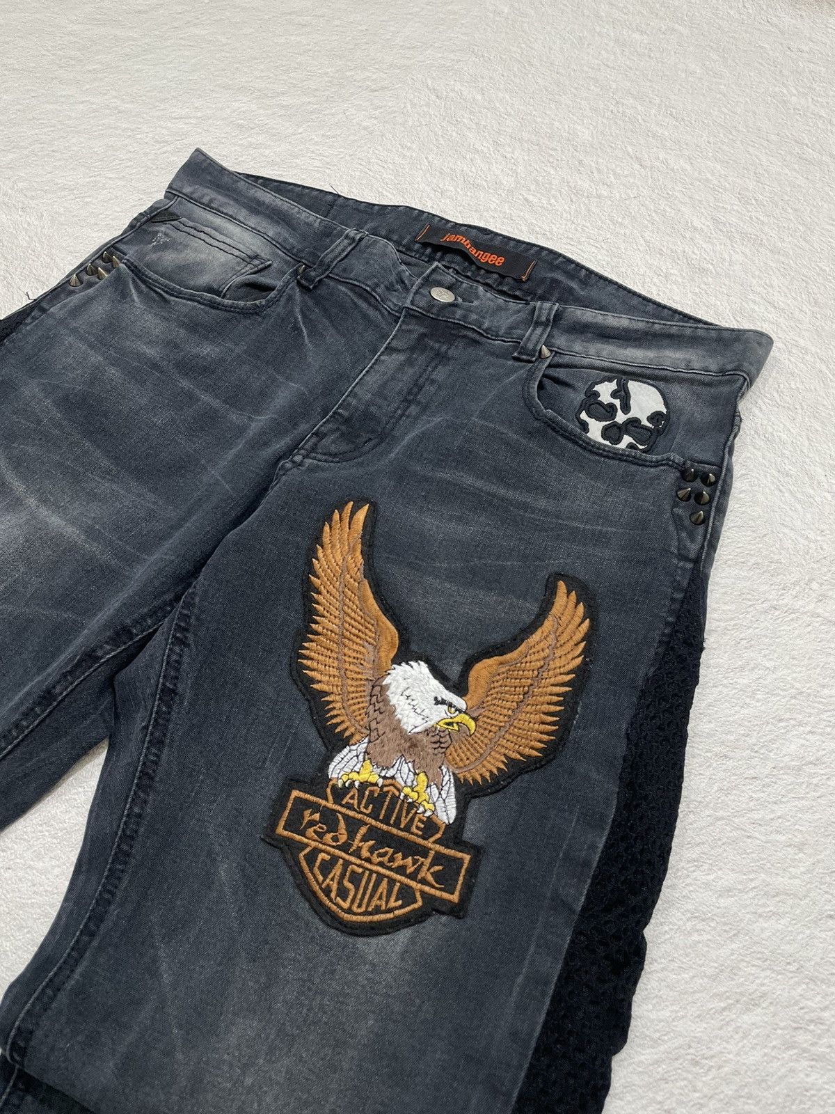 Japanese Brand 00s Jambangee Studed Denim Embroidered Skull Wash Jeans Y2K Size US 35 - 5 Thumbnail