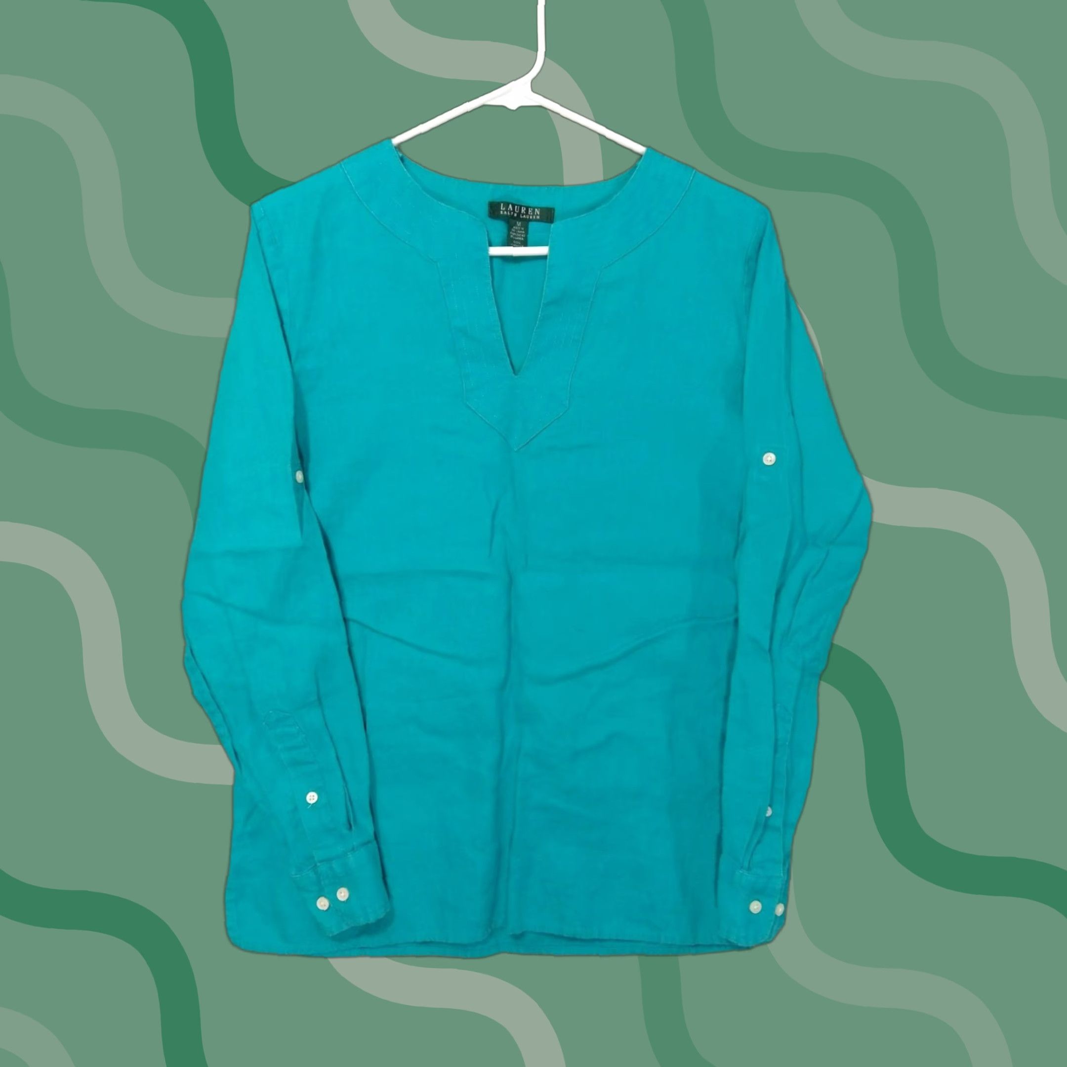 Ralph Lauren Ralph Lauren Shirt Womens M Teal Blue Linen Tunic Roll Tab Long Sleeve Boho Size M / US 6-8 / IT 42-44 - 1 Thumbnail