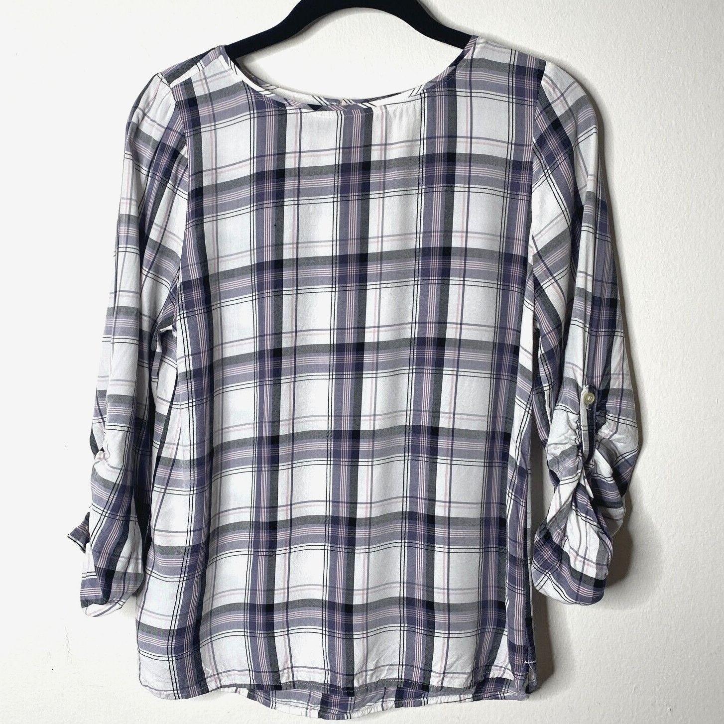 Loft Loft Lavender Plaid Roll-Tab Sleeve Shirred Back Blouse SP Size S / US 4 / IT 40 - 1 Thumbnail