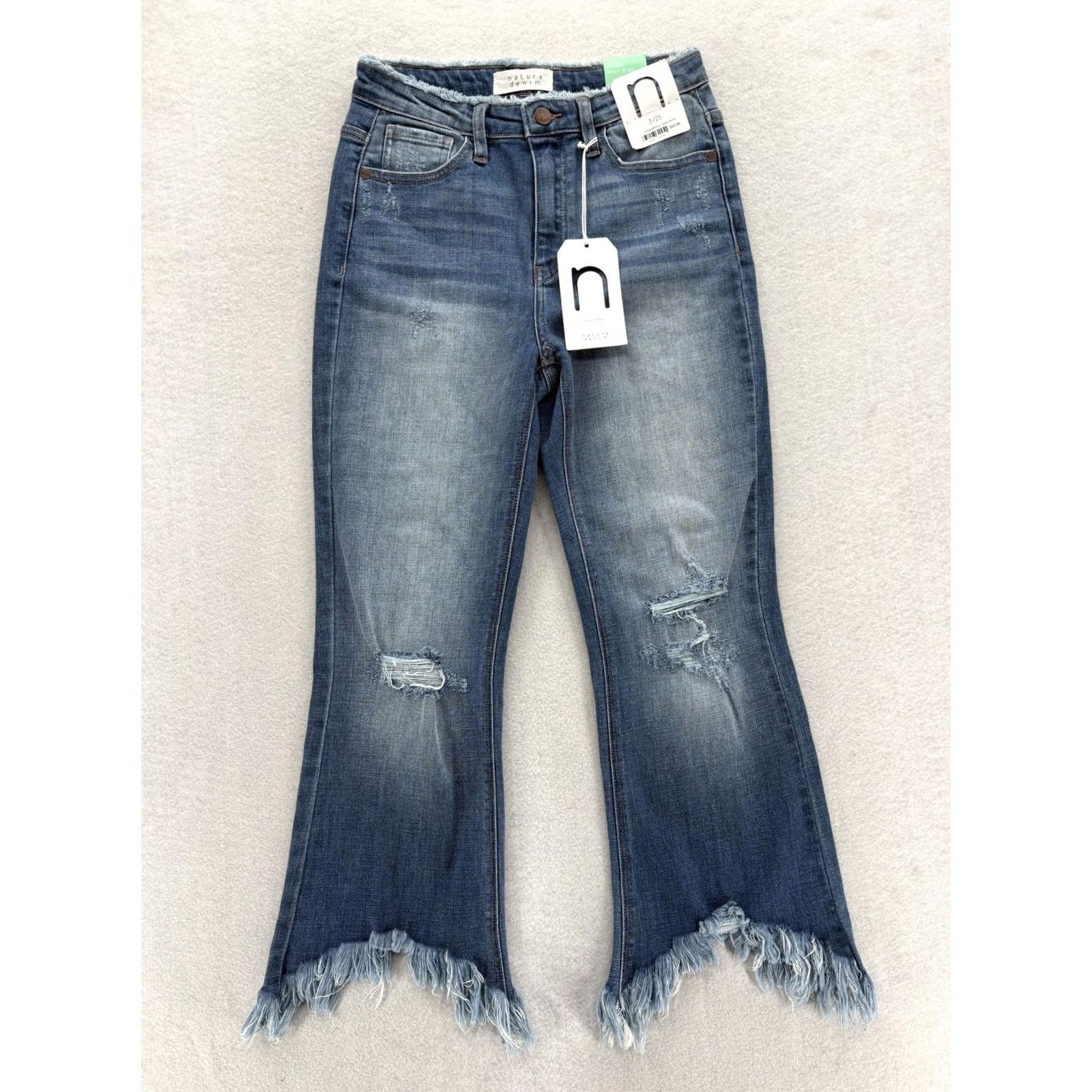 Vintage Nature Denim Cropped Flare Jeans Womens High Rise Distressed Frayed Hem NWT Blue 3/25 Tailored Stretch Denim Jeans Size 42" / US 20 - 2 Thumbnail
