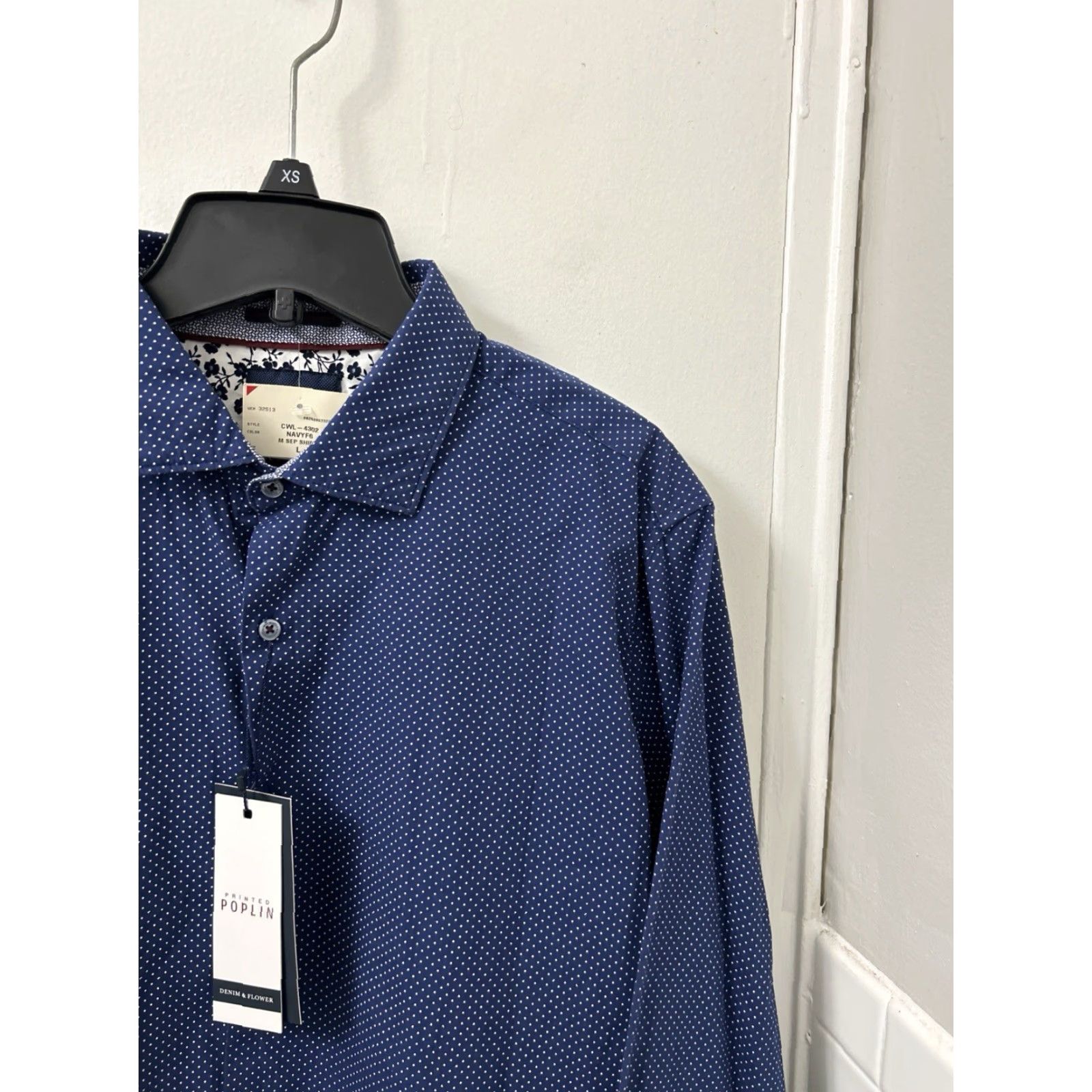 Denime DENIM & FLOWER Shirt Mens L Blue Polka Dot Poplin Button Down L/S Dress Shirt Slim Casual Professional Size US L / EU 52-54 / 3 - 4 Thumbnail