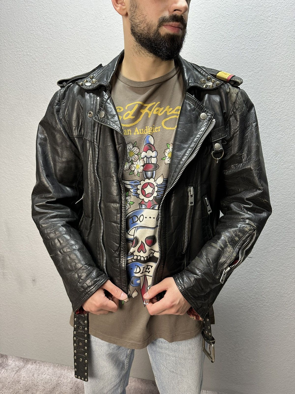 Vintage Kawasaki Leather Jacket Bomber Distressed 80's Rare
