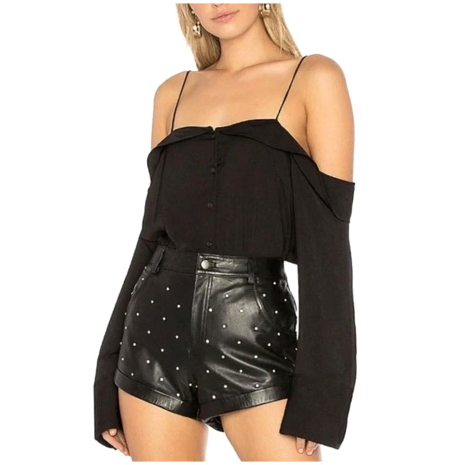 Free People VINTAGE Free People Shirt Womens XS Black Off Shoulder Button Front Boho Blouse Size XS / US 0-2 / IT 36-38 - 2 Thumbnail