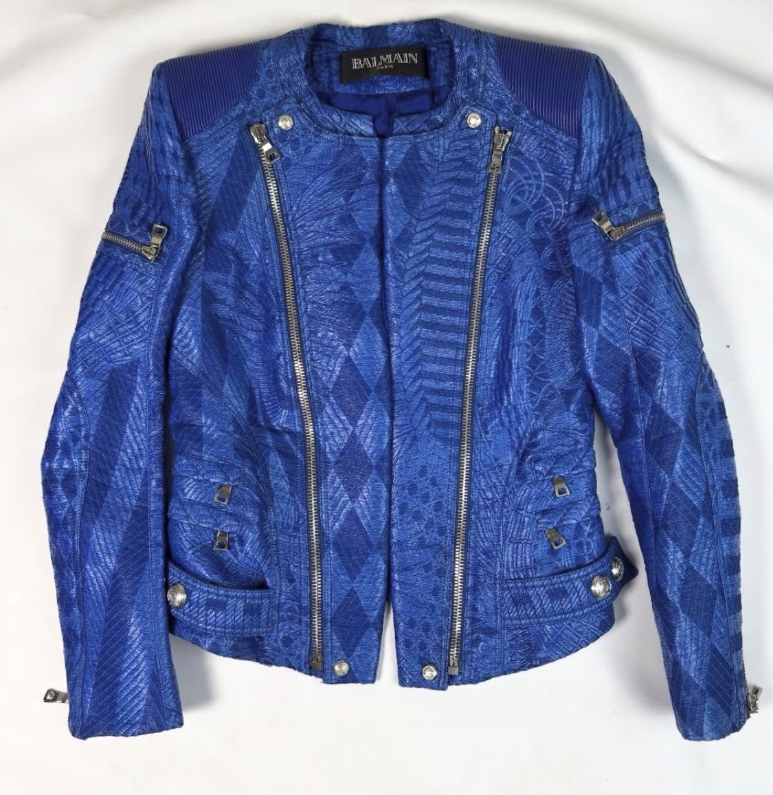 Balmain Paris Runway Blue Woven Jacquard Baroque Moto Jacket