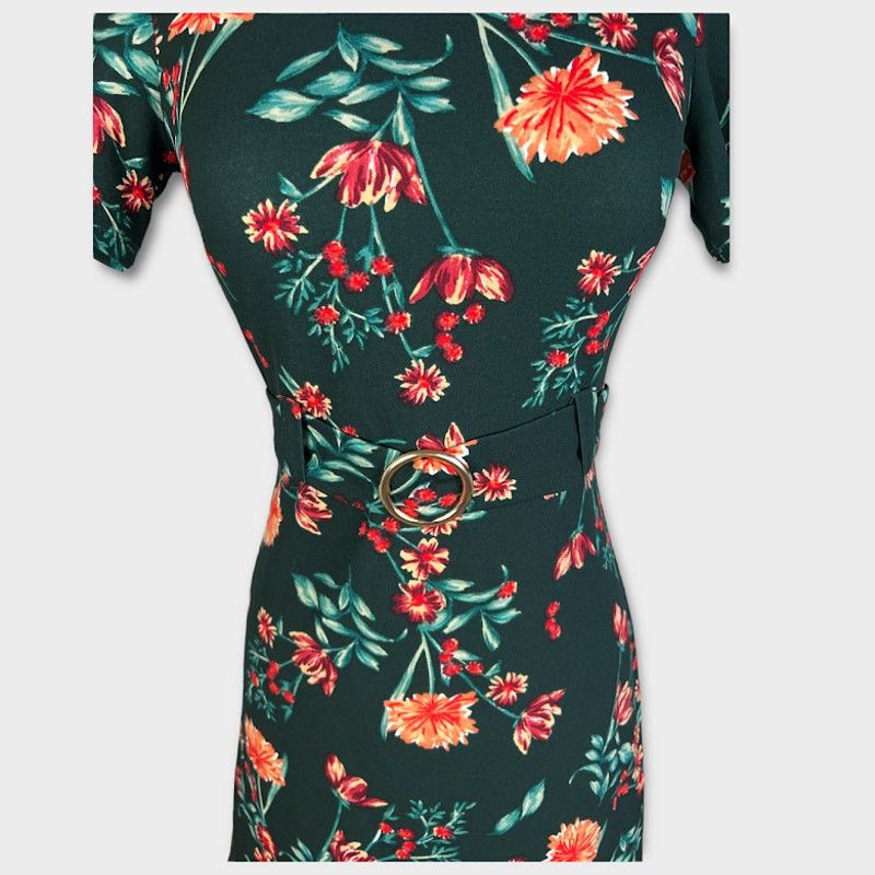 Macys B Darlin | Belted Floral Dress Dark Green | Size 5/6 Size M / US 6-8 / IT 42-44 - 7 Thumbnail