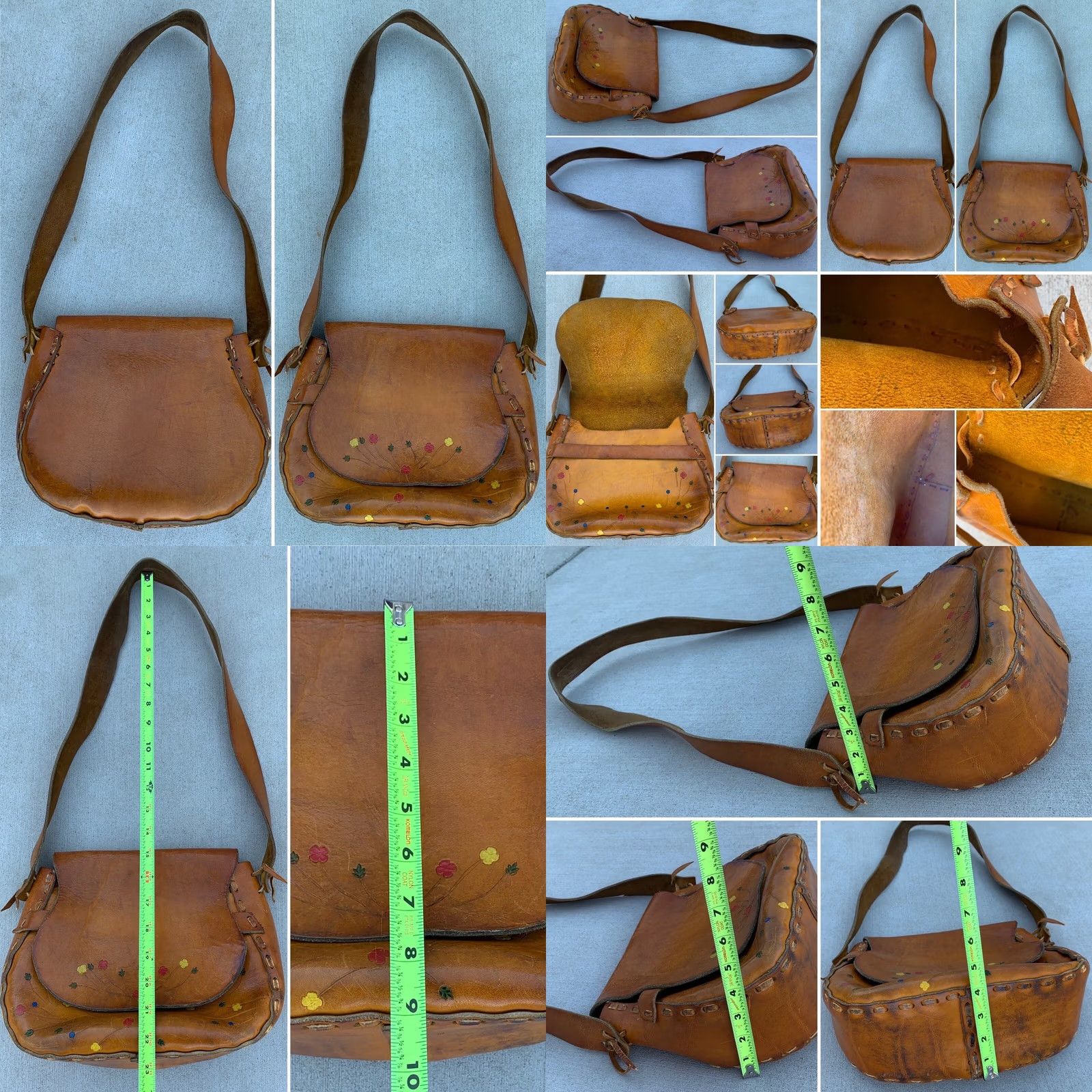 Vintage VINTAGE Leather Purse Tooled Floral Painted Shoulder Bag Hippie Chic Boho Hippy Women Brown 1970s Size ONE SIZE - 8 Thumbnail
