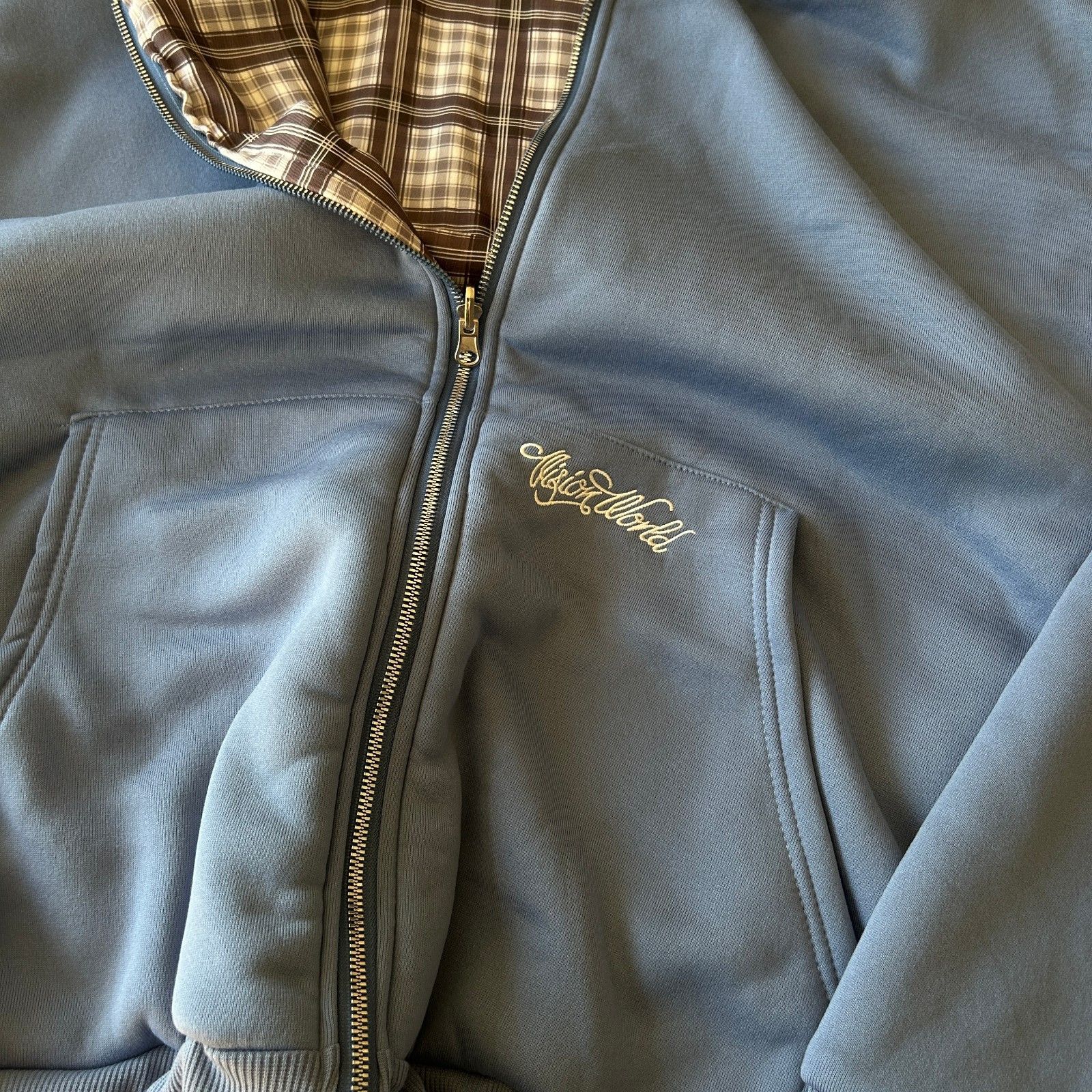 Japanese Brand Oversized baggy reversible zip up hoodie in checkered navy. Size US M / EU 48-50 / 2 - 3 Thumbnail