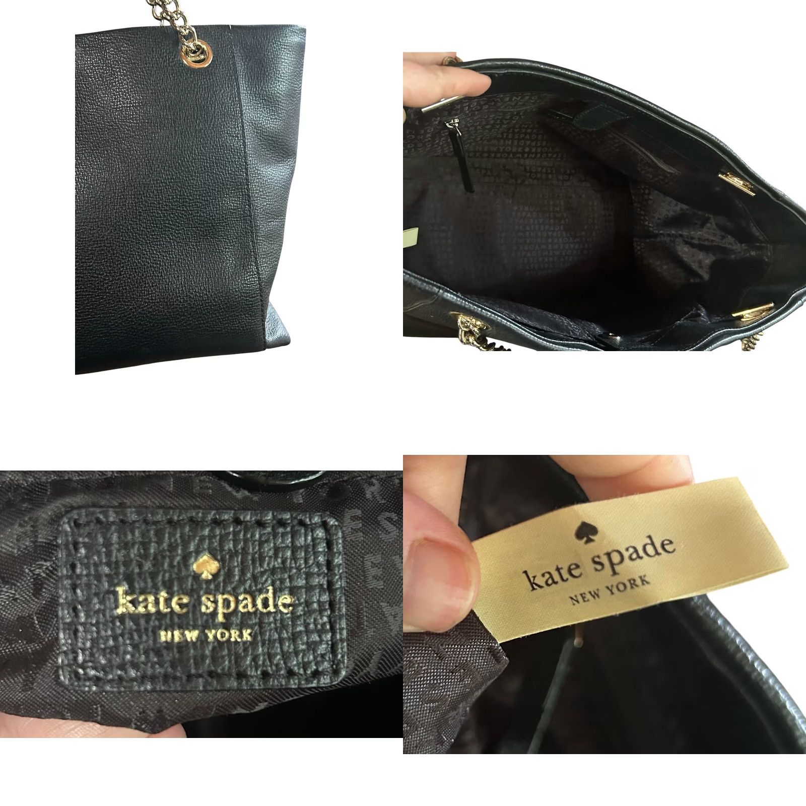 Vintage kate spade new york Black Leather Tote Shoulder Bag W/Chain Straps Women Purse Size ONE SIZE - 10 Thumbnail