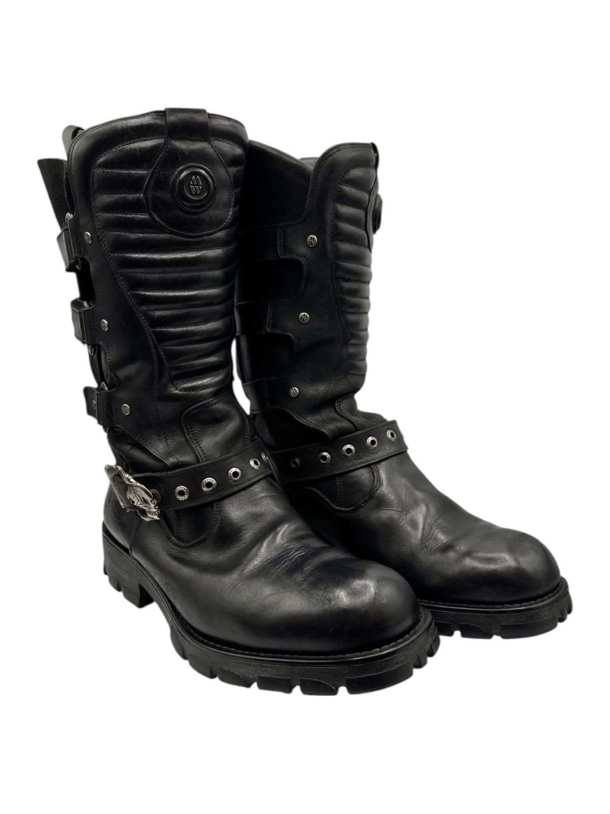 美品✨NEWROCK ニューロック　MOTORCYCLE 7601-C1 New Rock Mens New Rock Leather Moto Boots Black Skulls M-7601-C1