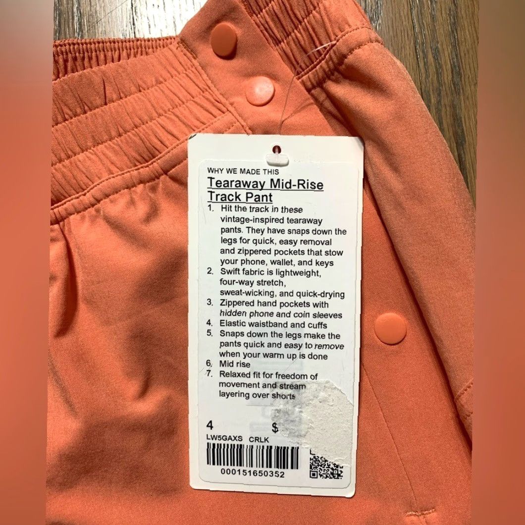 Lululemon NWT Lululemon tearaway mid-ride track pants Coral Kiss Women 4 Regular Orange Track Pants Women Size 27" / US 4 / IT 40 - 7 Thumbnail