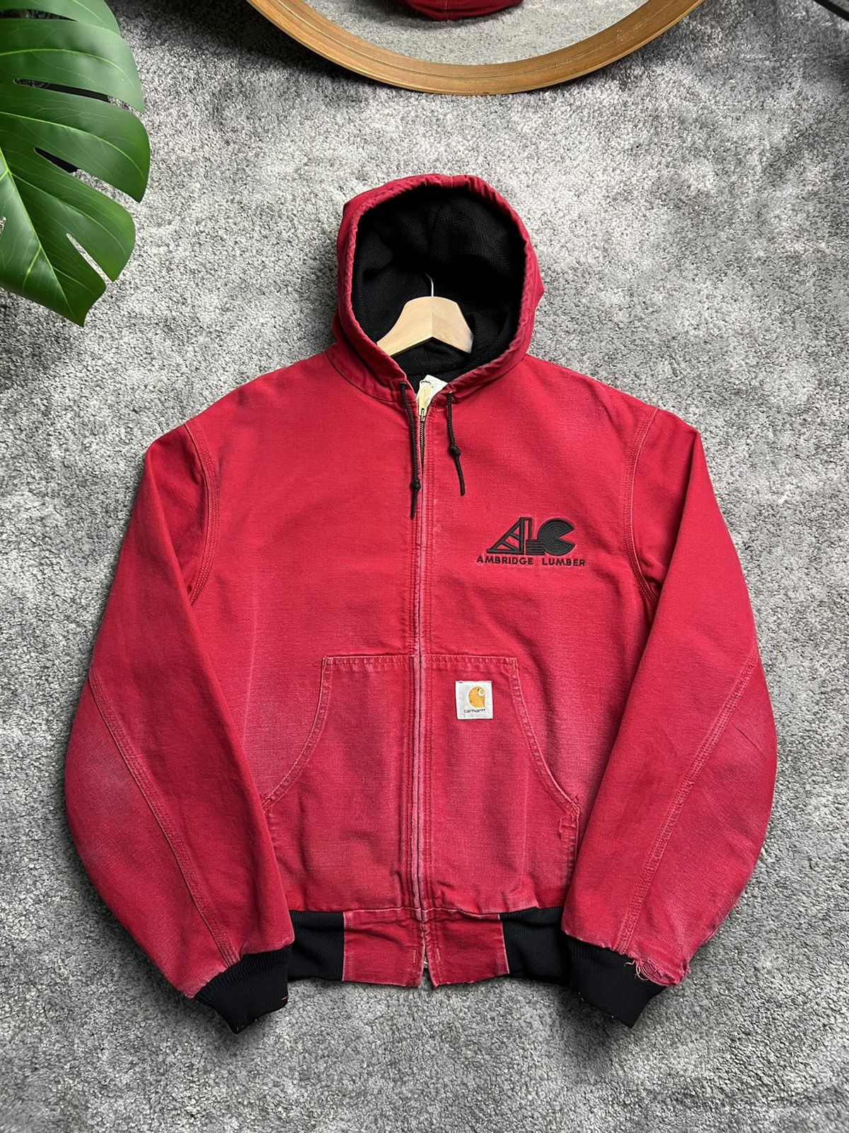 image of Faded Red Carhartt Hooded Work Jacket, Men's (Size Large)