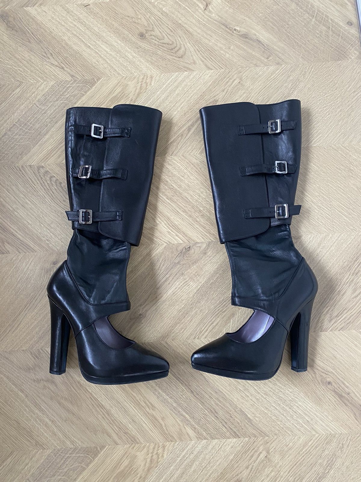 image of Designer Versace Leather Cut Out Boots In Black, Women's (Size 7)