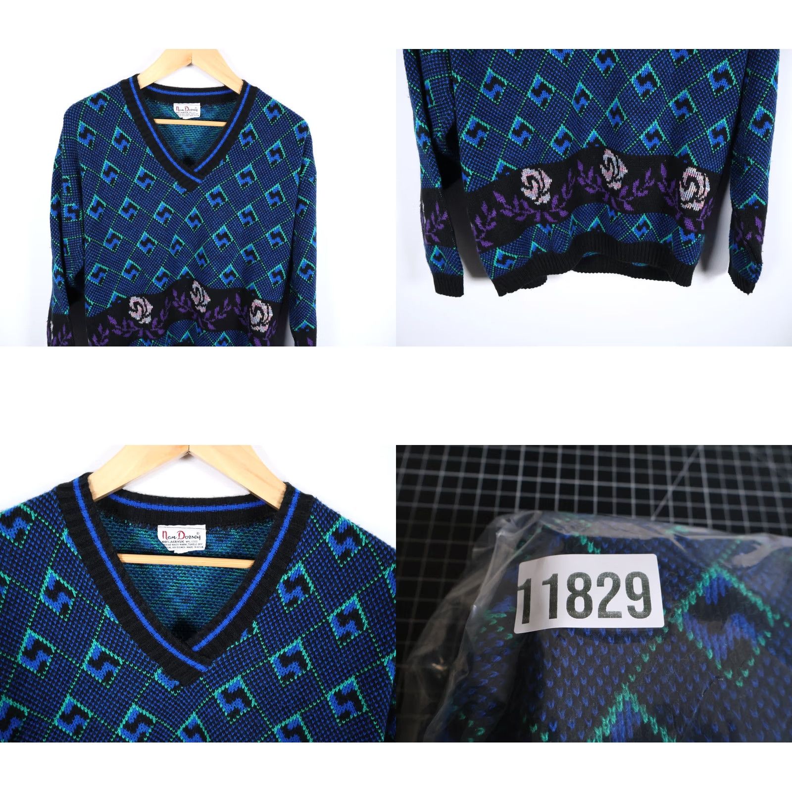 Vintage VINTAGE Nan Dorsey Sweater Women's XL Blue Purple Floral Diamond Deep V-Neck Knit Size XL / US 12-14 / IT 48-50 - 8 Thumbnail