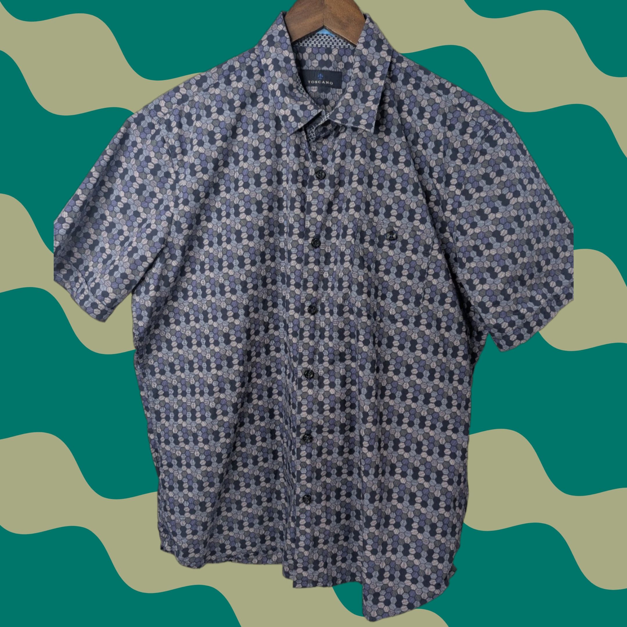 Vintage Toscano Shirt Mens Large Purple Print Short Sleeve Button Down Cotton Hexagon Size US L / EU 52-54 / 3 - 1 Thumbnail