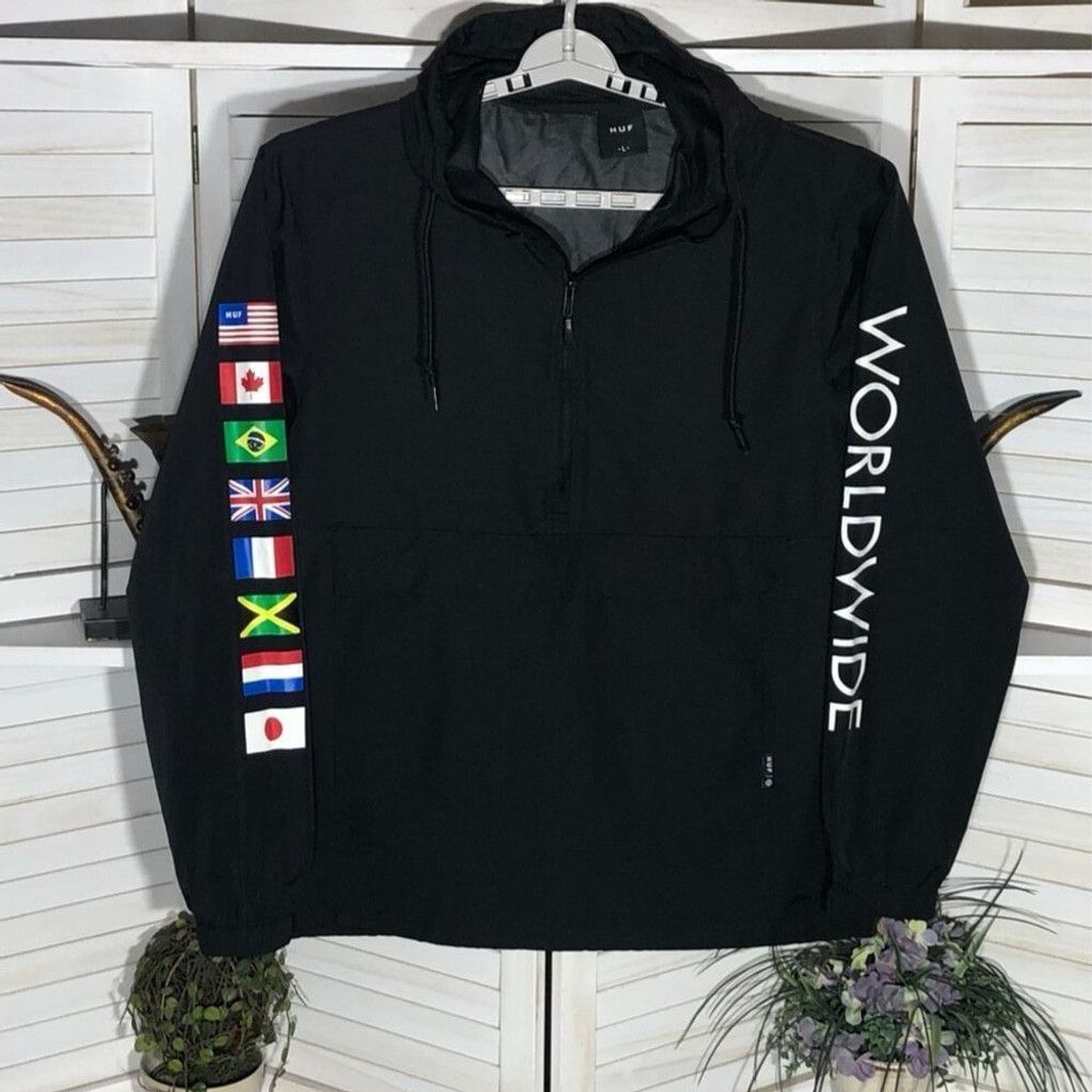 Huf HUF Jacket Flags Half-Zip Hooded Windbreaker Black Large Size US L / EU 52-54 / 3 - 5 Thumbnail