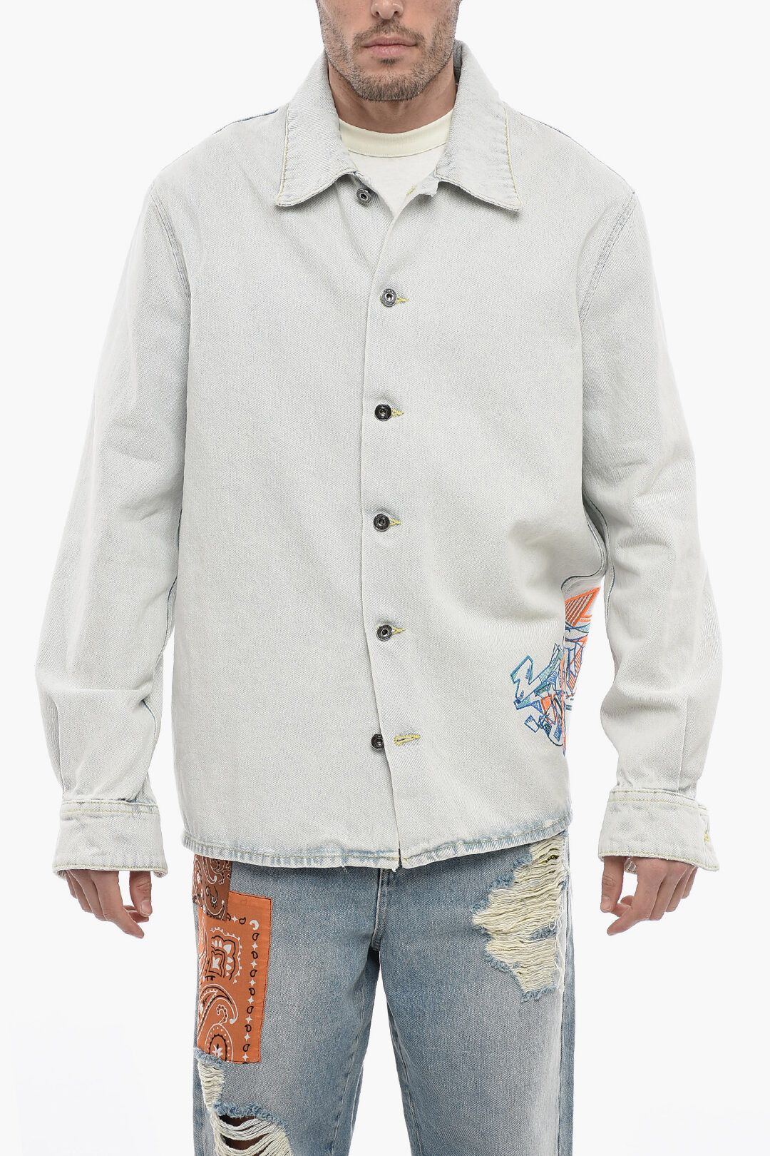 image of Off White Og1Mm0424 Graffiti Denim Jacket In White, Men's (Size Small)