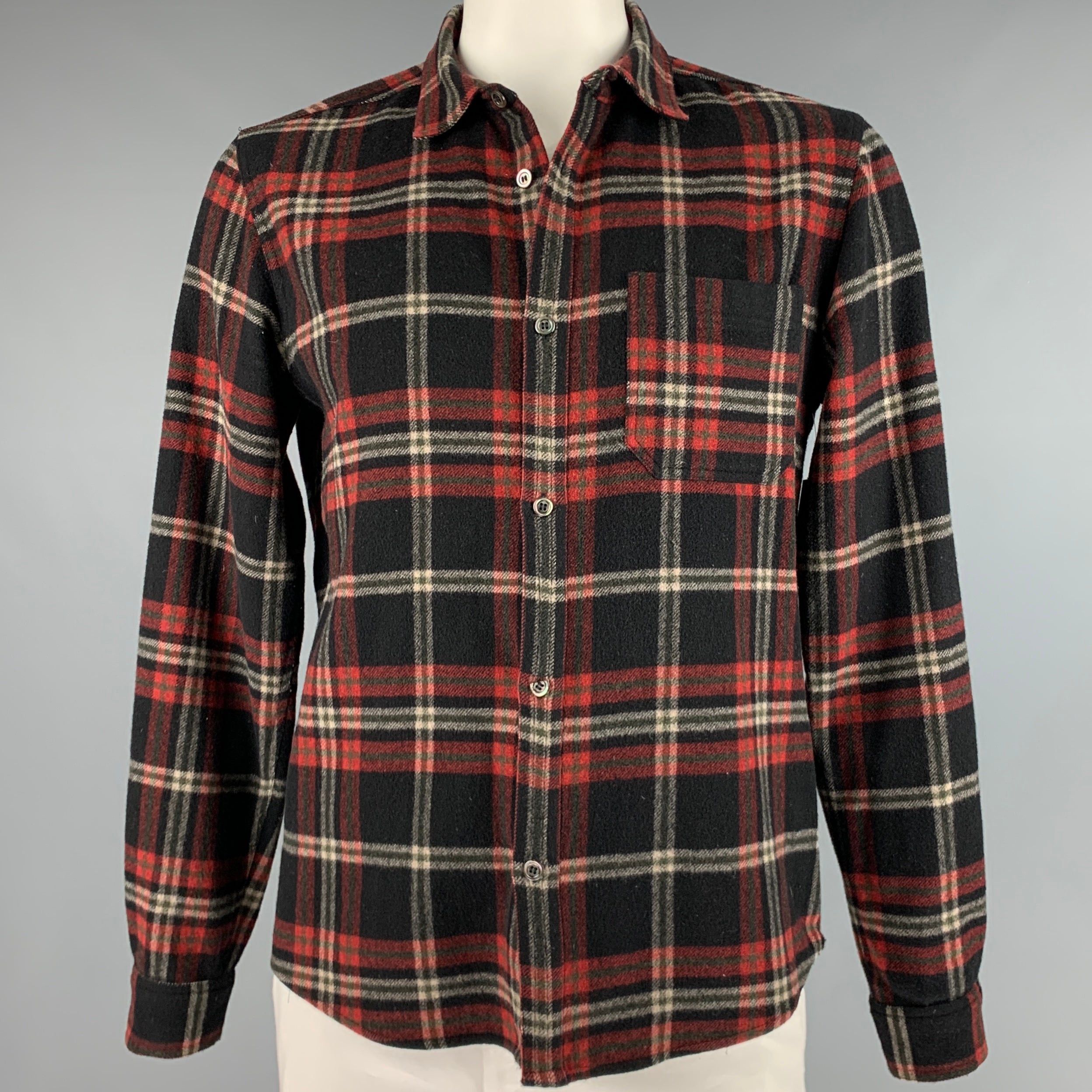 image of A P C Black Multicolor Plaid Wool Nylon Button Up Long Sleeve Shirt, Men's (Size Large)