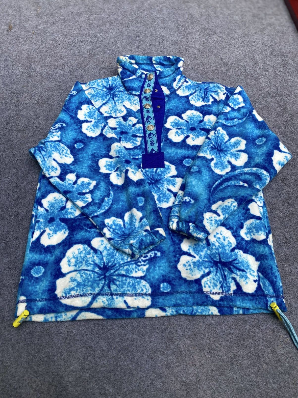 Vintage JOJO FIORE Blue Hibiscus Pattern Fleece Quarter-Snap Pullove Size US S / EU 44-46 / 1 - 15 Thumbnail