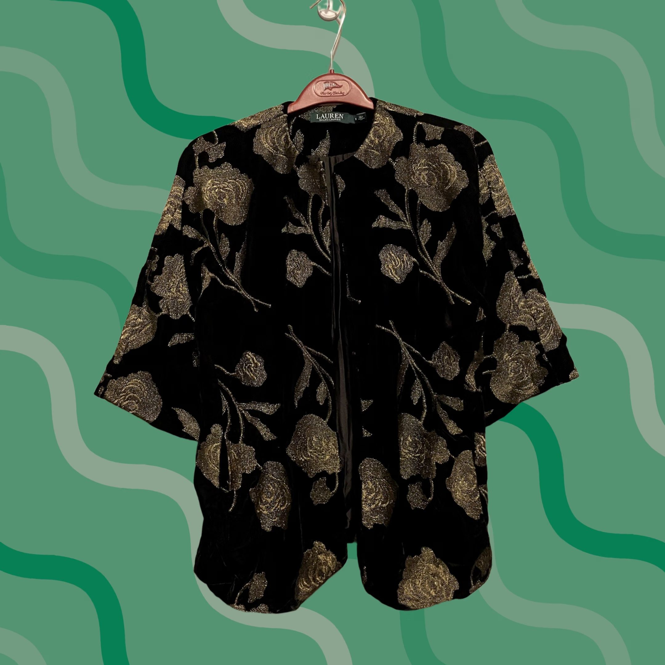 Ralph Lauren VINTAGE LAUREN RALPH LAUREN Velvet Gold Roses Open Jacket Blazer Kimono Women S (F216) Size S / US 4 / IT 40 - 1 Thumbnail