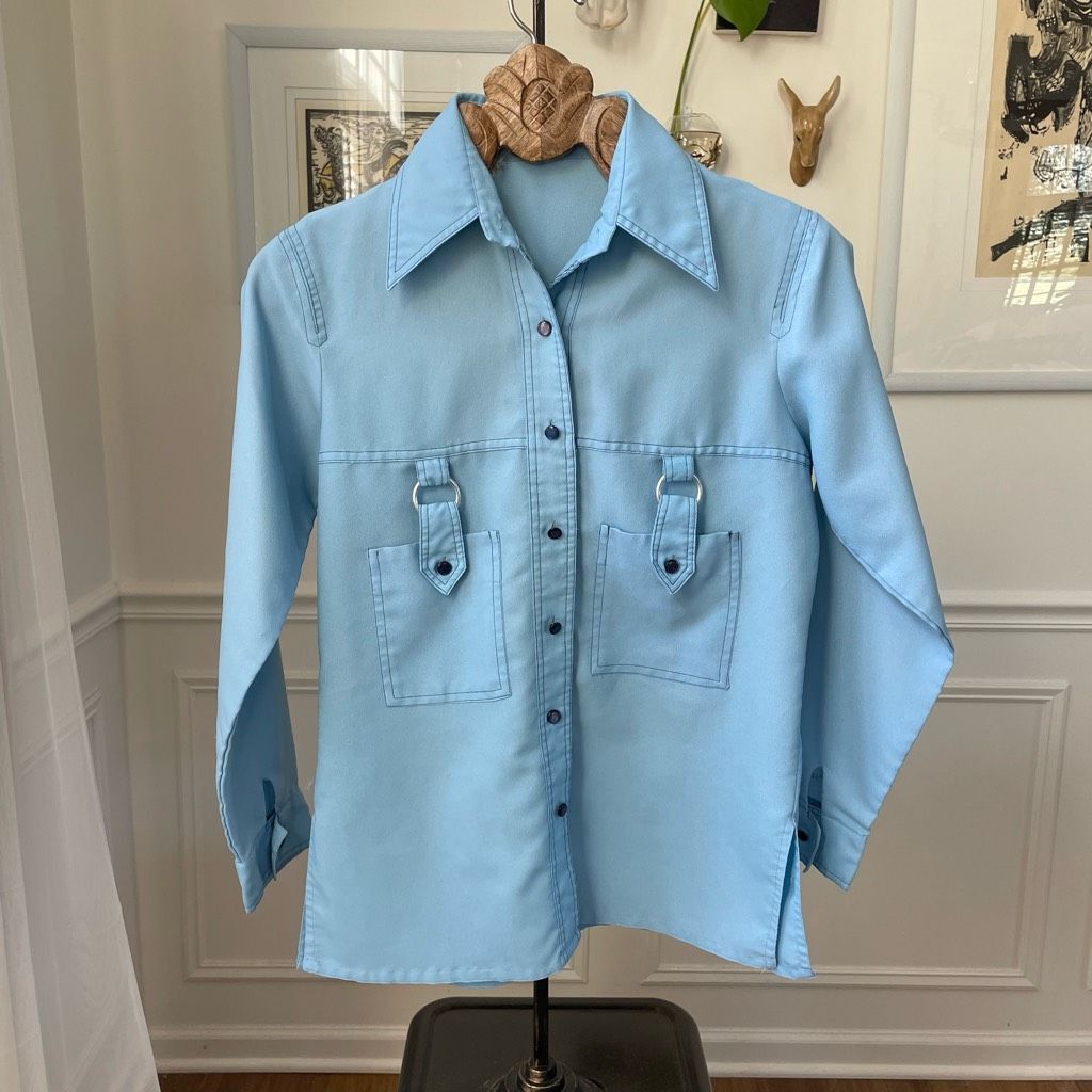 Vintage Vintage 70s Unbranded Pointy Collar Button Up Shirt Blue M Size M / US 6-8 / IT 42-44 - 2 Thumbnail