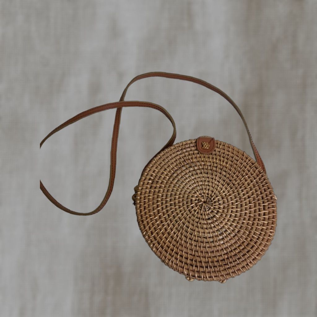 Vintage VINTAGE? No. (Not Vintage) Rattan Straw Bag Wicker Purse Round Crossbody Leather Strap Boho Size ONE SIZE - 1 Thumbnail