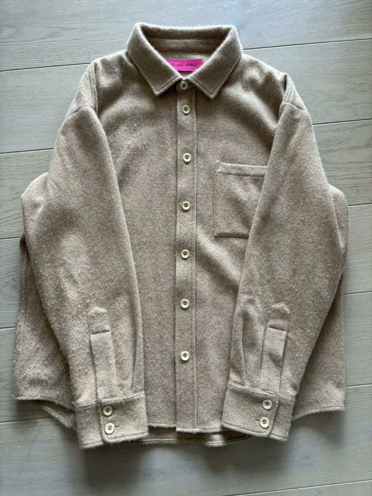 image of The Elder Statesman 100% Woven Cashmere Camel Tan Button Overshirt in Camel Brown (Size Large)