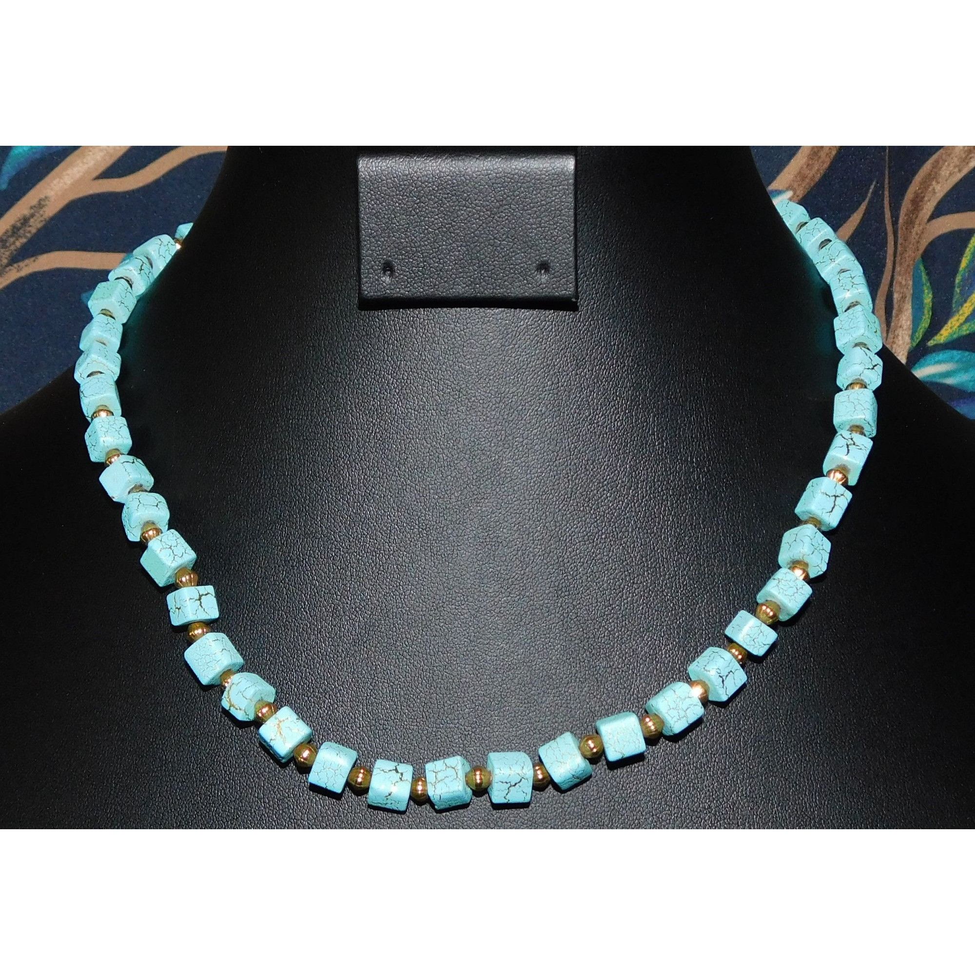Other Elegant Faux Turquoise Cube And Gold Tone Beaded Necklace Size ONE SIZE - 1 Thumbnail