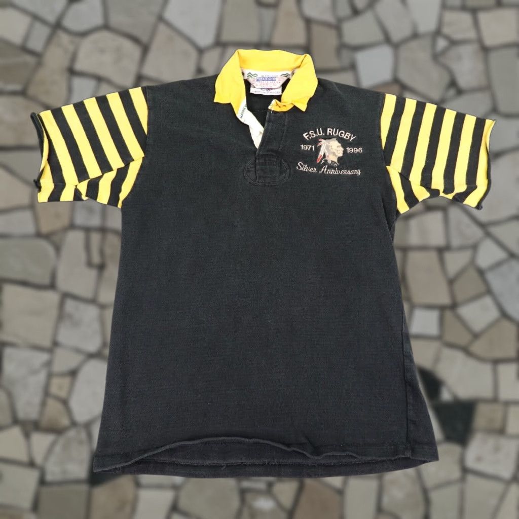 Vintage VINTAGE Maxmore Rugby Polo Shirt Mens Medium Black Yellow Stripes 90s Team Logo Embroidered Polo Shirt Mens M Black, White, Yellow, Striped 90s Rugby Size US M / EU 48-50 / 2 - 1 Thumbnail