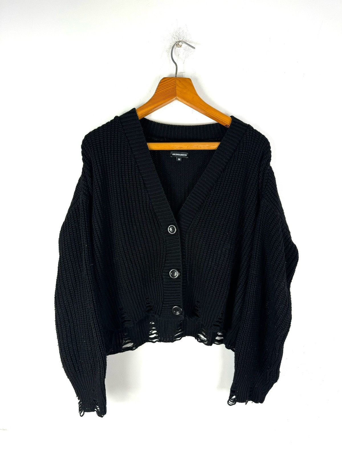 image of Ann Demeulemeester Distressed Wool Knit Cardigan Sweater in Black, Women's (Size Medium)