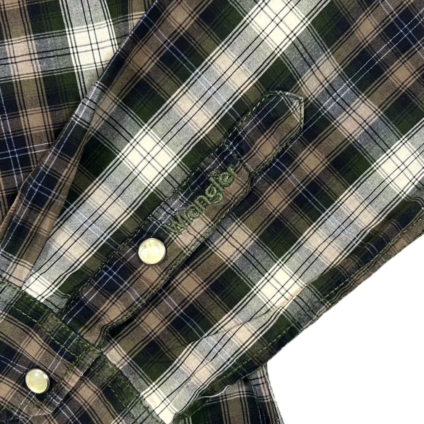 Wrangler WRANGLER Shirt Plaid Check Pearl Snap Western Long Sleeve Medium Mens Green/Brown/White/ Navy Check 00's Embroidered Chest Pocket Size US M / EU 48-50 / 2 - 3 Thumbnail