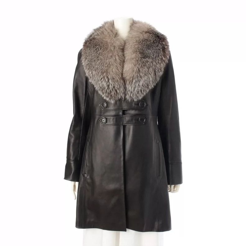 Loro Piana LORO PIANA Black sheepskin fur fox fur collar coat Size L / US 10 / IT 46 - 1 Thumbnail