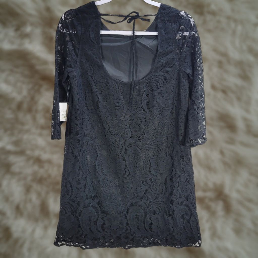 BB Dakota BB Dakota Jack Black Lace Shift Dress Mini Open Back Sheer Cocktail Evening Sz S Women Dresses Size S / US 4 / IT 40 - 1 Thumbnail