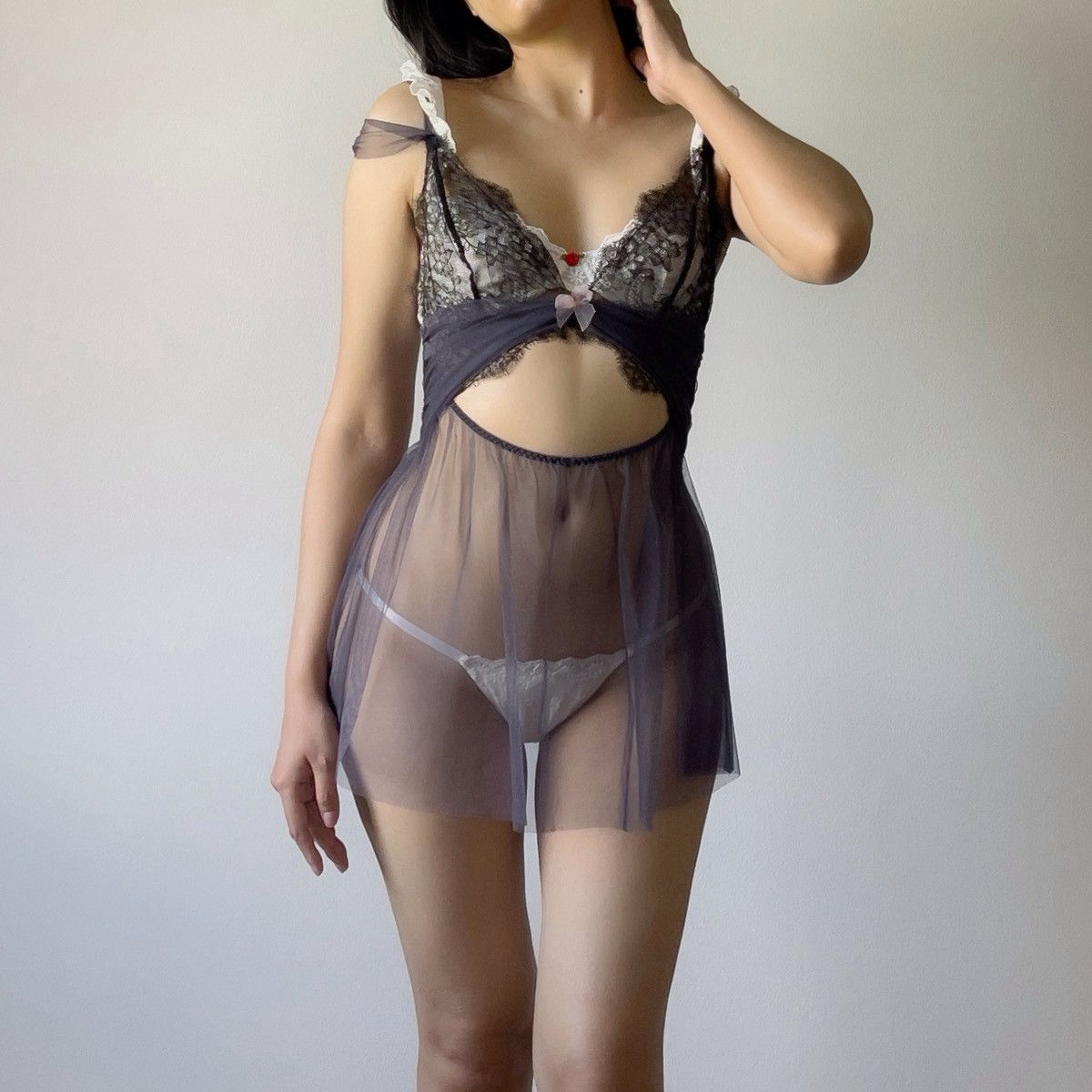 Victoria's Secret Dusty Blue Mesh & Black Lace Sheer Mini Slip Dress (S-M) Size M / US 6-8 / IT 42-44 - 9 Thumbnail