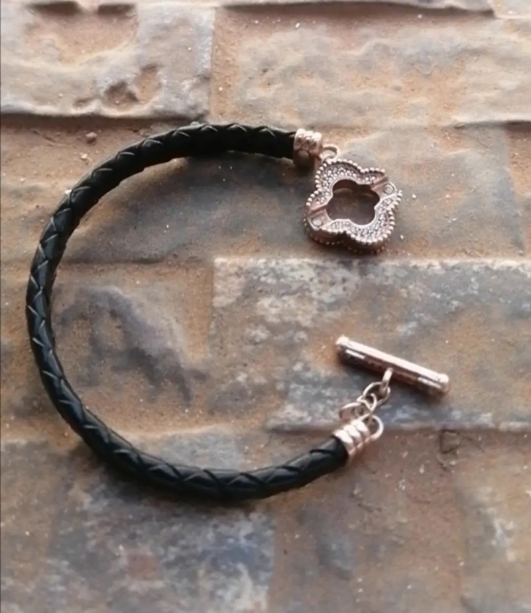 Sterling Silver 925 Silver Clover Diamond Set Bracelet Black Leather Size ONE SIZE - 2 Thumbnail