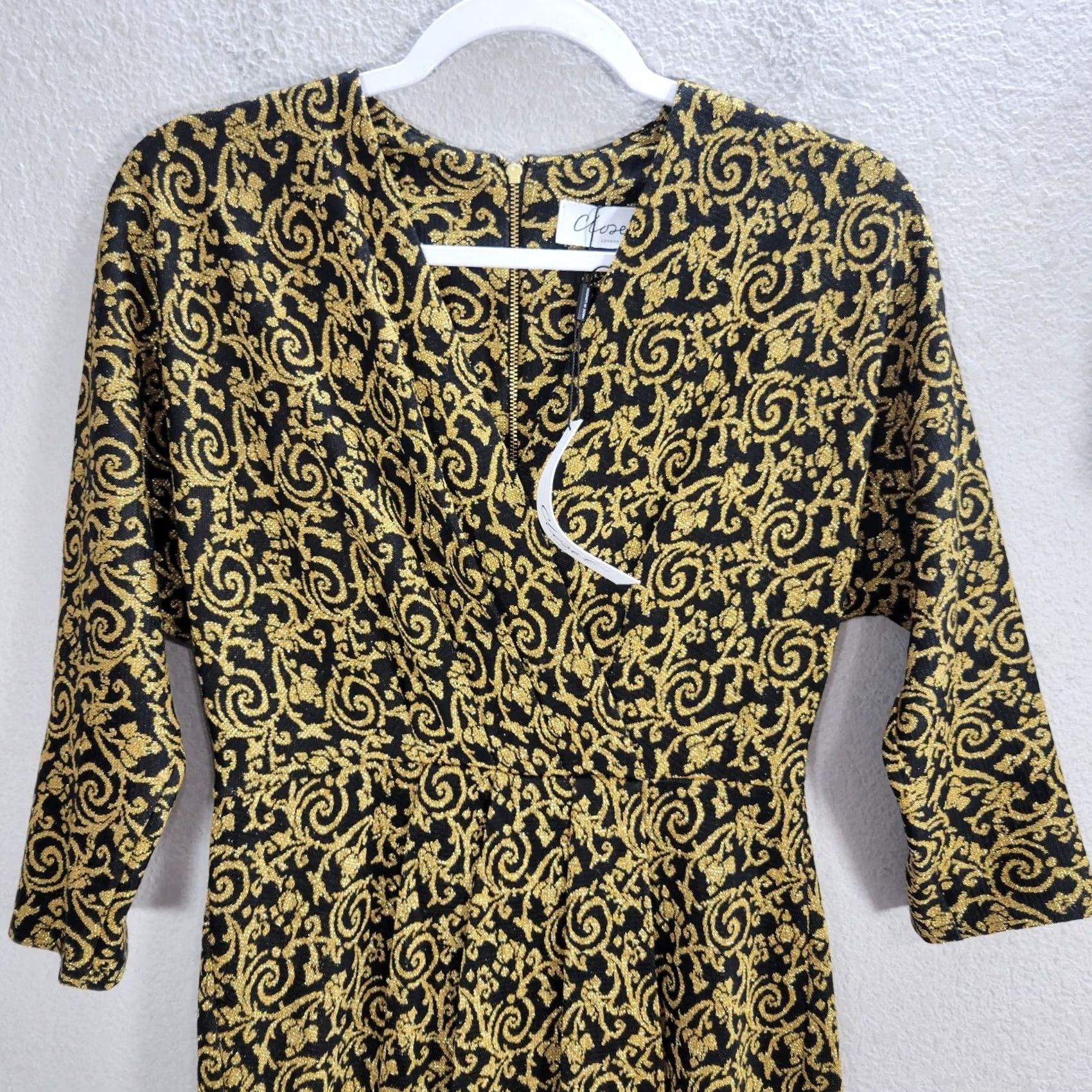 CLOSED Closet Black Gold Brocade Sheath Dress 8 NWT 3/4 Sleeve V-Neck Formal Evening Party/Cocktail Womens Size M / US 6-8 / IT 42-44 - 4 Thumbnail