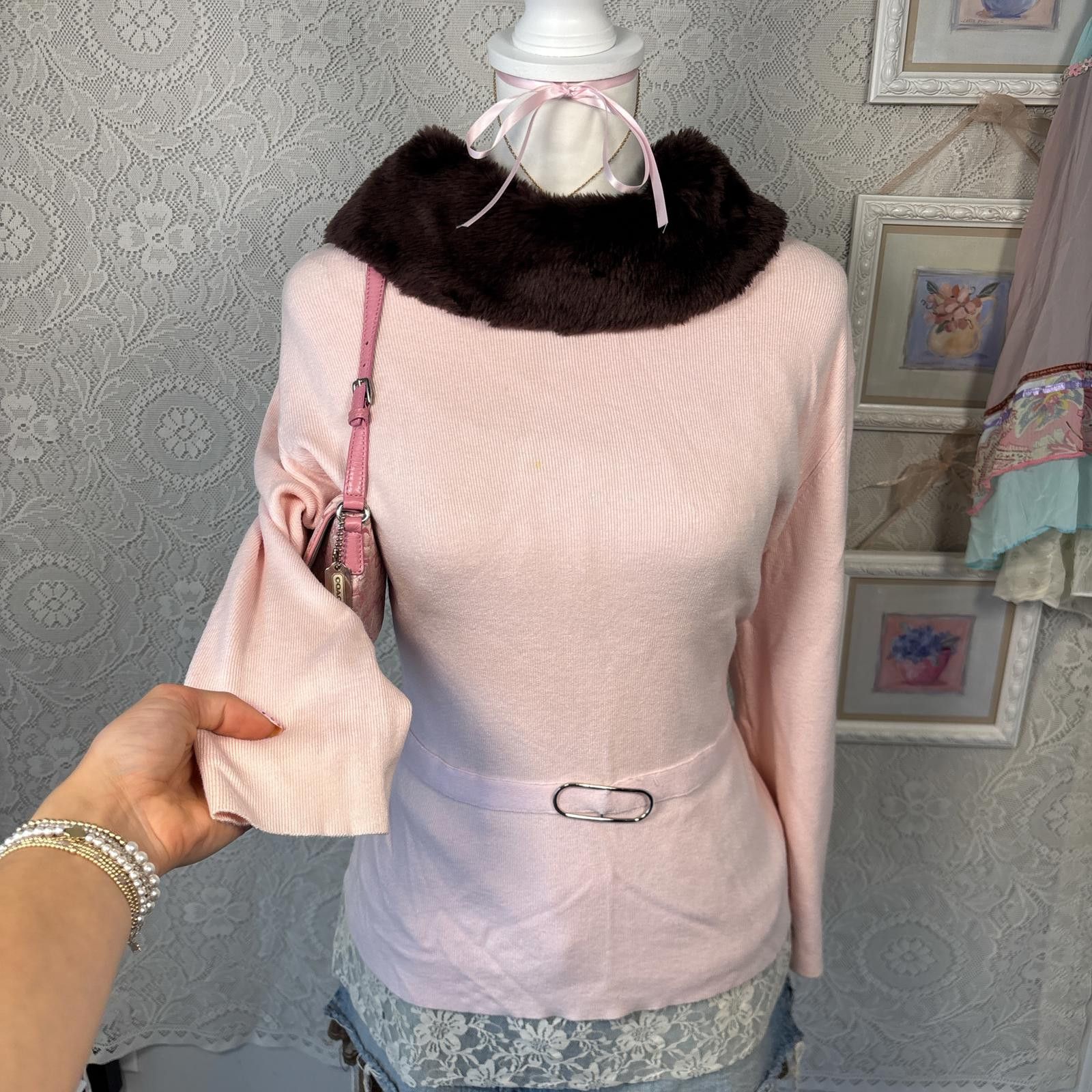 George y2k fur pink coquette sweater with ring detail Size L / US 10 / IT 46 - 3 Thumbnail