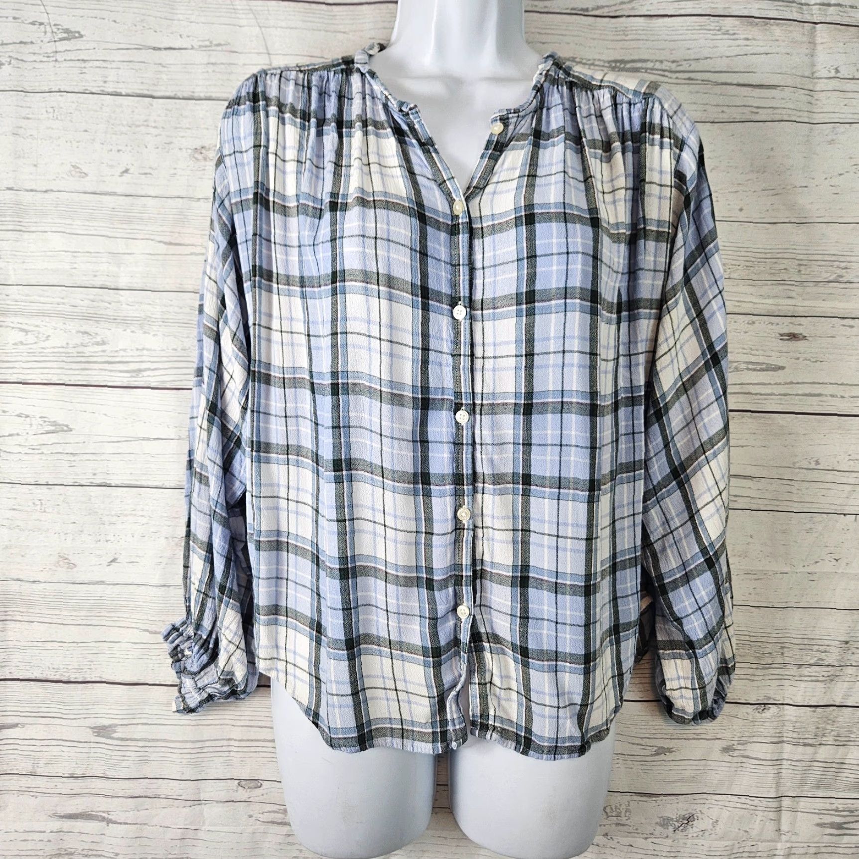Loft LOFT Ann Taylor Womens Button Up Top Blouse Sz Small Blue Plaid Rayon Shirt Women Regular Size S Vintage No Size S / US 4 / IT 40 - 2 Thumbnail