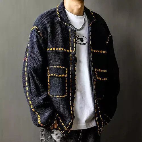 VIBE Contrast Stitch Knitted Sweater Jacket - Patch Pockets Size US L / EU 52-54 / 3 - 7 Thumbnail
