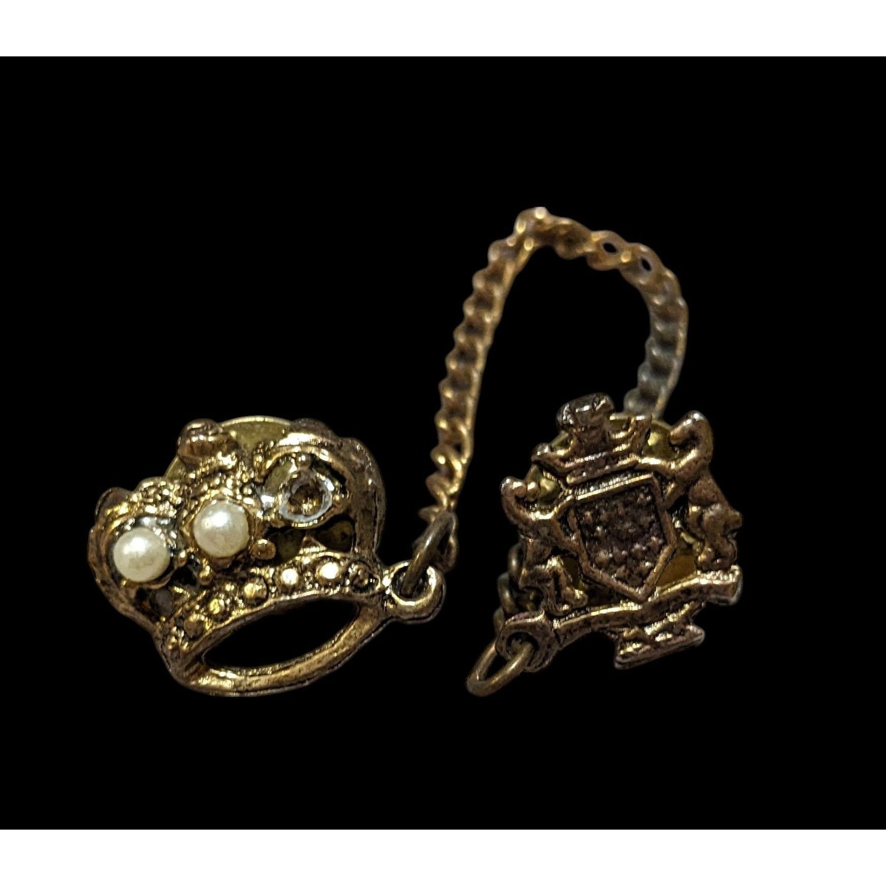Other Vintage Crown And Crest Gold Tone Collar Pins With Chain Size ONE SIZE - 1 Thumbnail