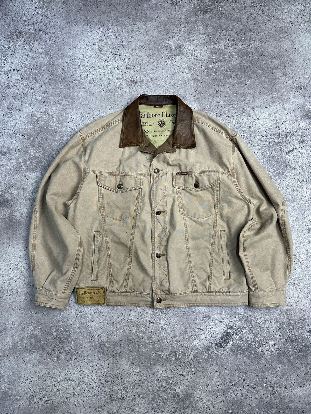 Vintage Vintage Marlboro Boxy Denim Jacket Beige Distressed Rare Size US XL / EU 56 / 4 - 7 Thumbnail