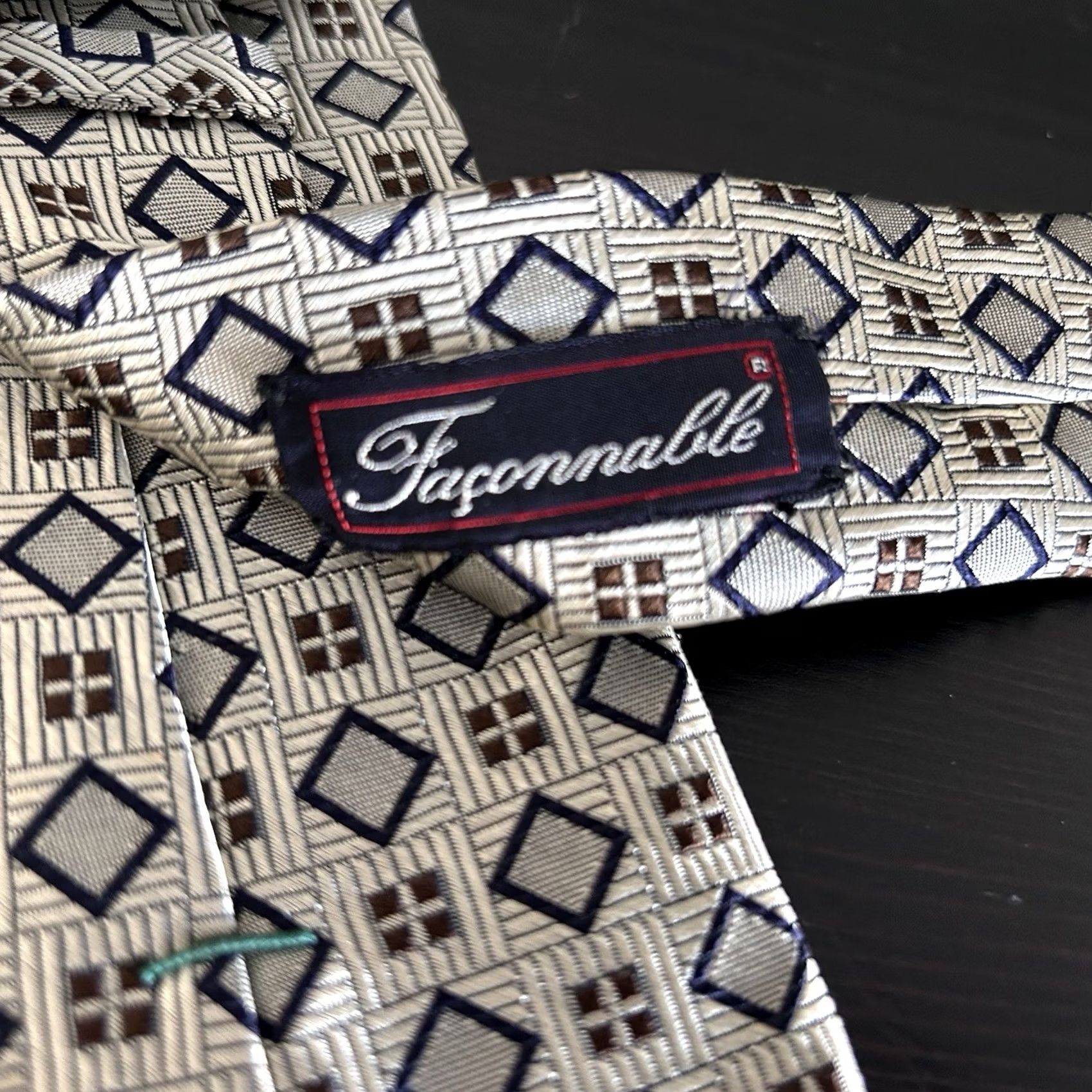 Faconnable Façonnable Necktie Geometric Ivory Brown 100% Silk Made in France 3 3/4 x 59 1/4 Size ONE SIZE - 3 Thumbnail
