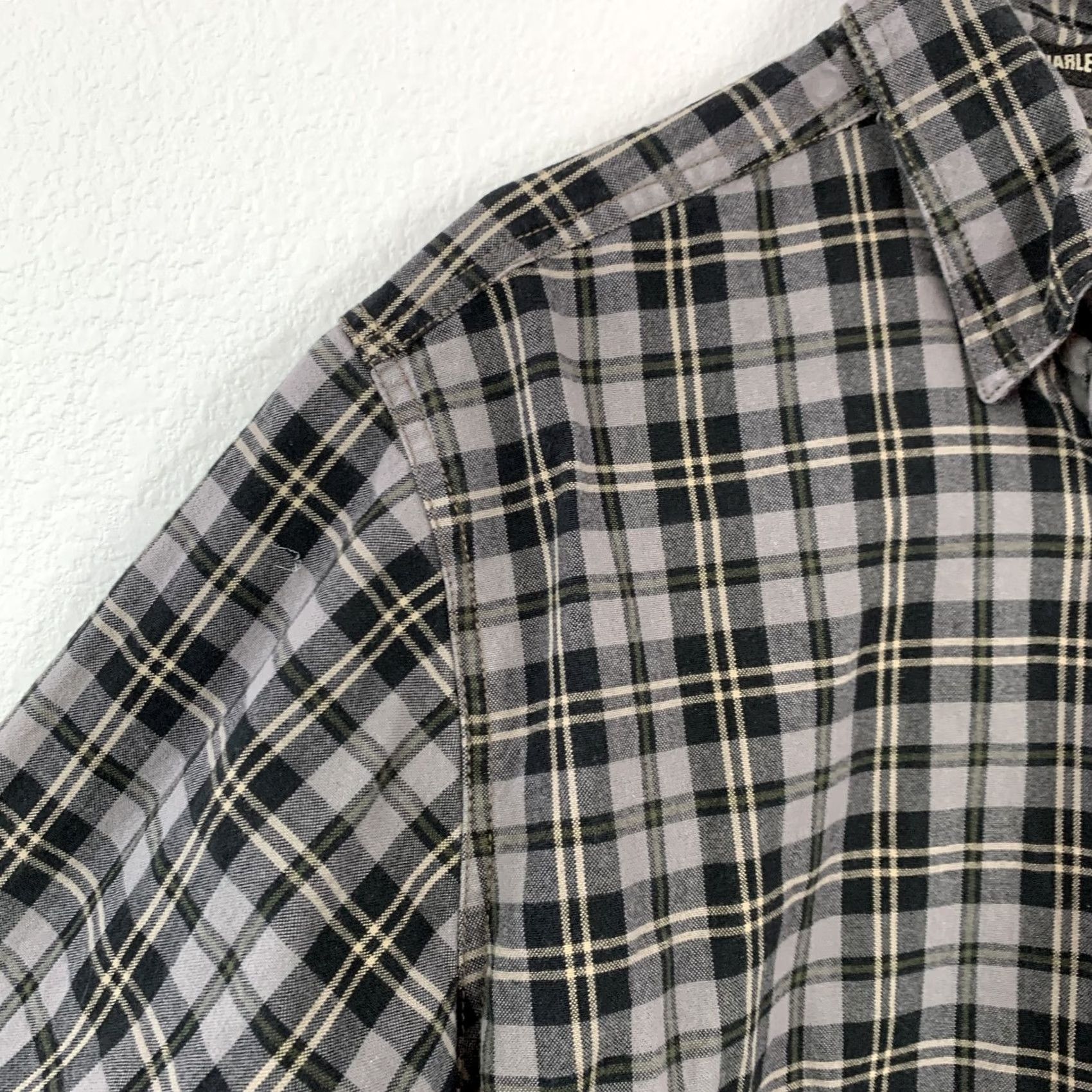 Harley Davidson Harley-Davidson Men's L Plaid Flannel Button Down Shirt Gray Black Felt Spellout Shirt Size US L / EU 52-54 / 3 - 2 Thumbnail